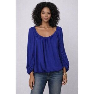 Free People Drapey Blouse XS Purple Blue Drawstring Neck Sleeve NWT